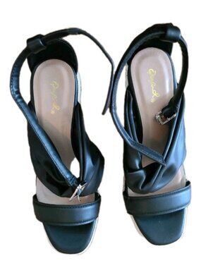 Black Platform Wedge Heel Sandals, Size 8